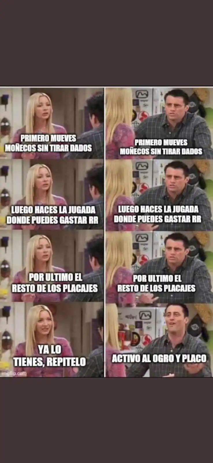 Meme sobre tácticas de bloodbowl donde vemos a dos personajes de friends explicando las jugadas